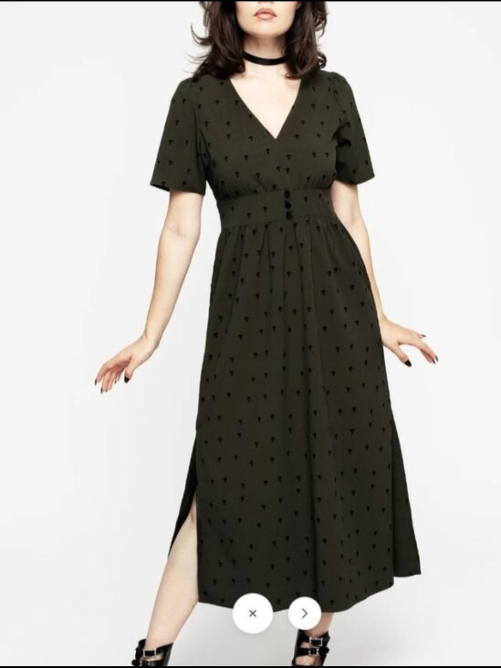 Disturbia Olive Green Chanterelle Velour V-Neck Midaxi Dress Mushroom Print